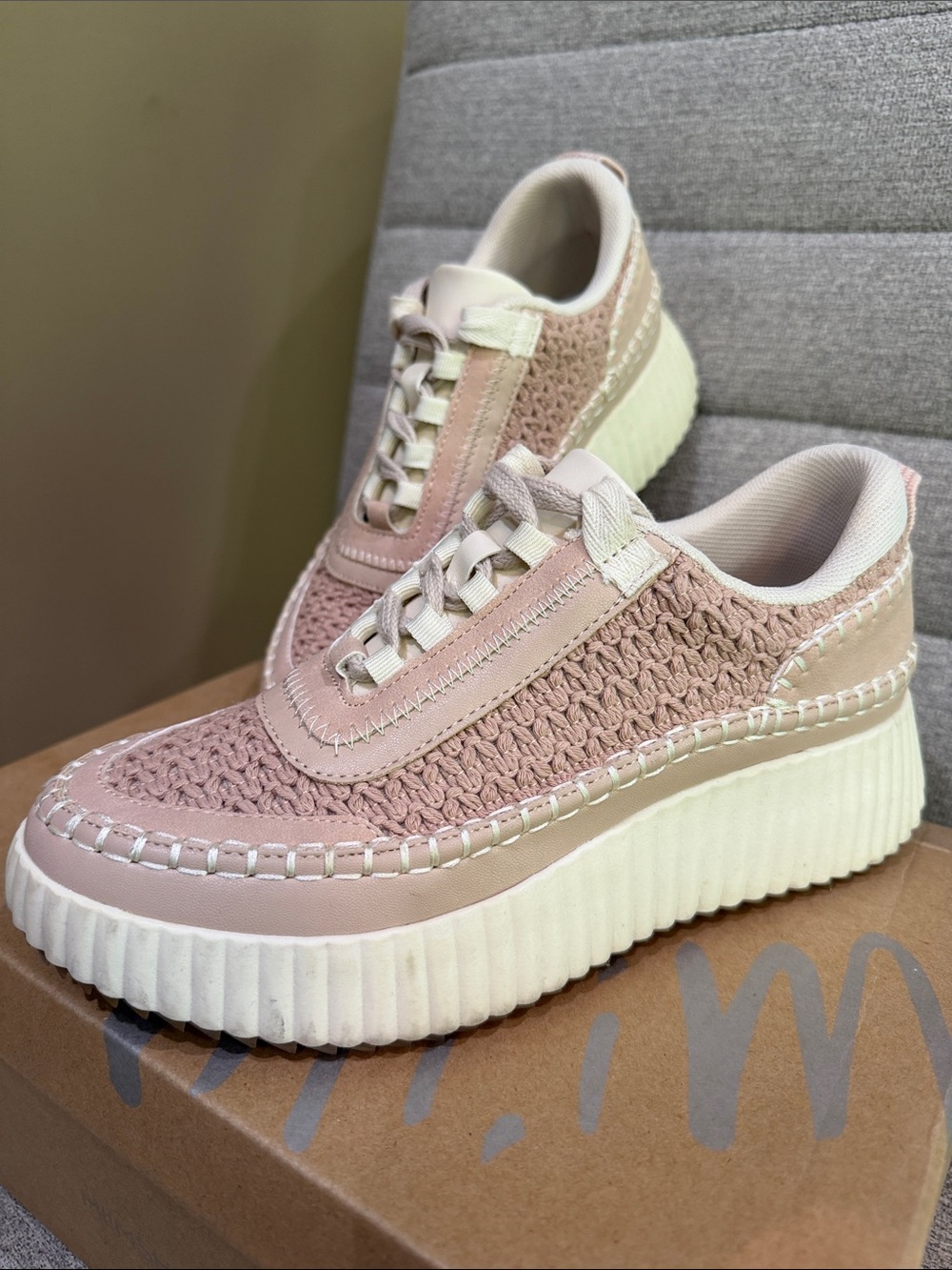 Mi.iM Pink Knit Crochet Design Platform Sneakers with Cream Sole